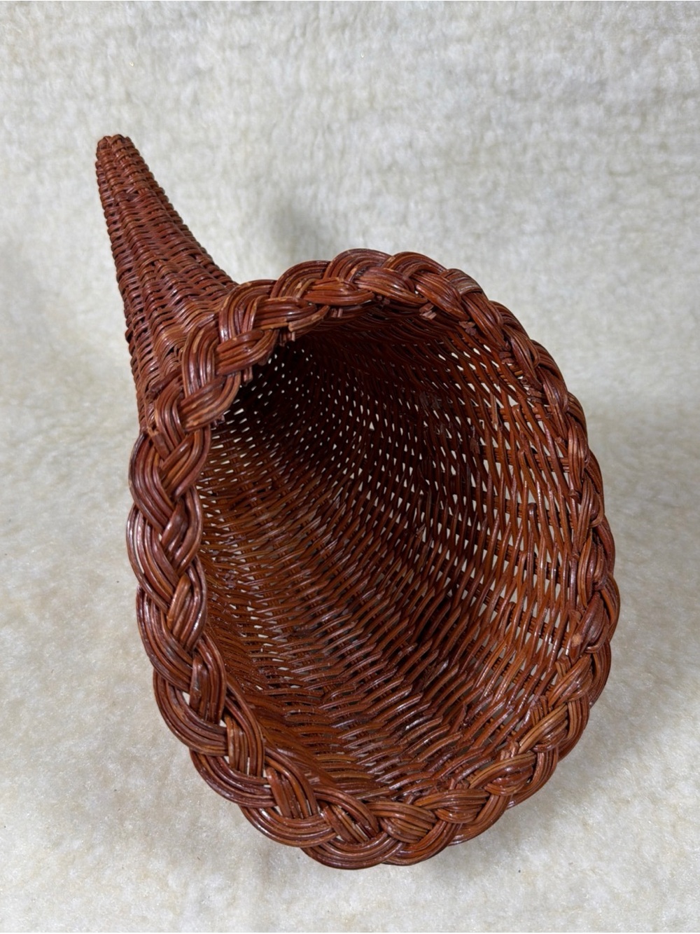 Vintage Woven Cornucopia Basket in Warm Brown Footed